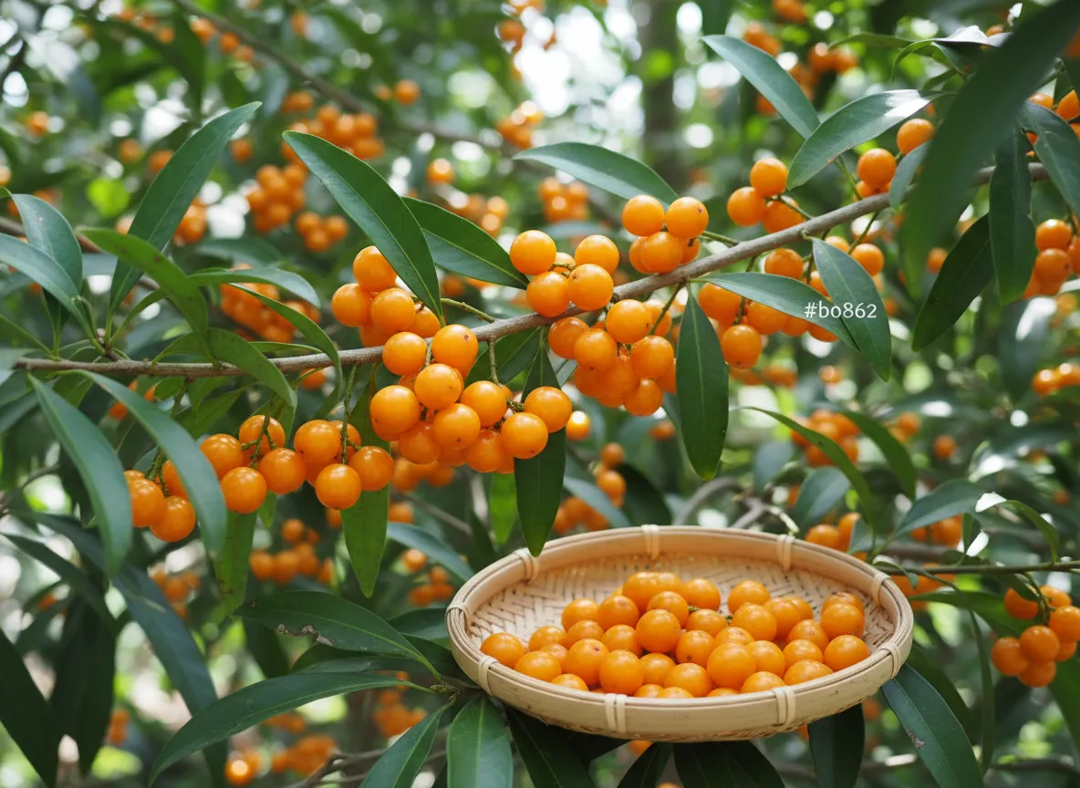 Clusters of small ripe litsea cubeba fruits on a branch in a Chinese hillside grove