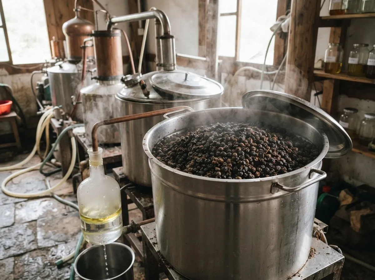 Fresh litsea fruits packed into a stainless still with steam rising